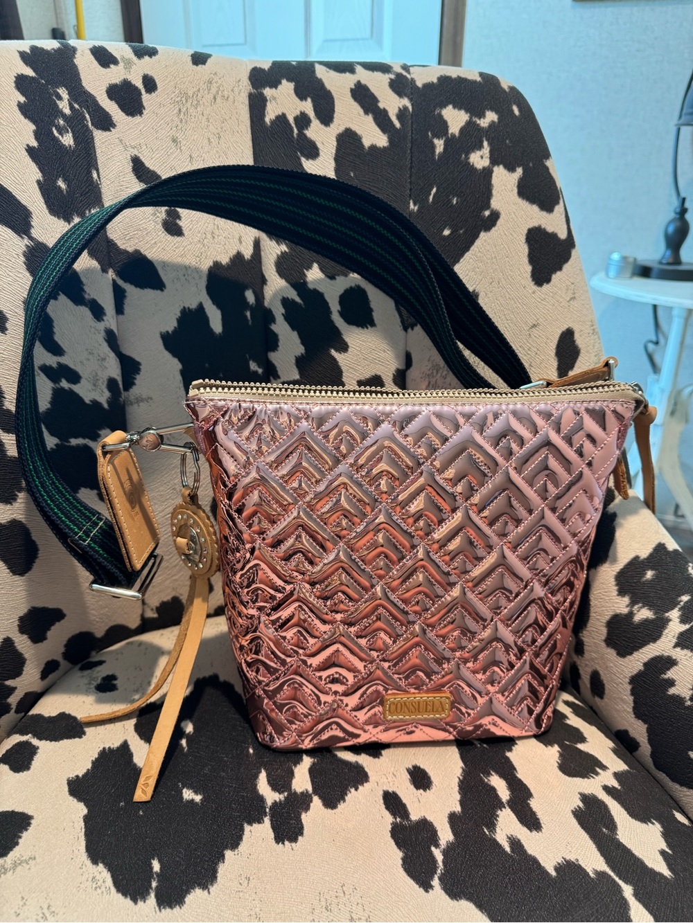 Consuela Rose Gold Quinn Wedge Bag - Crossbody with Green Strap